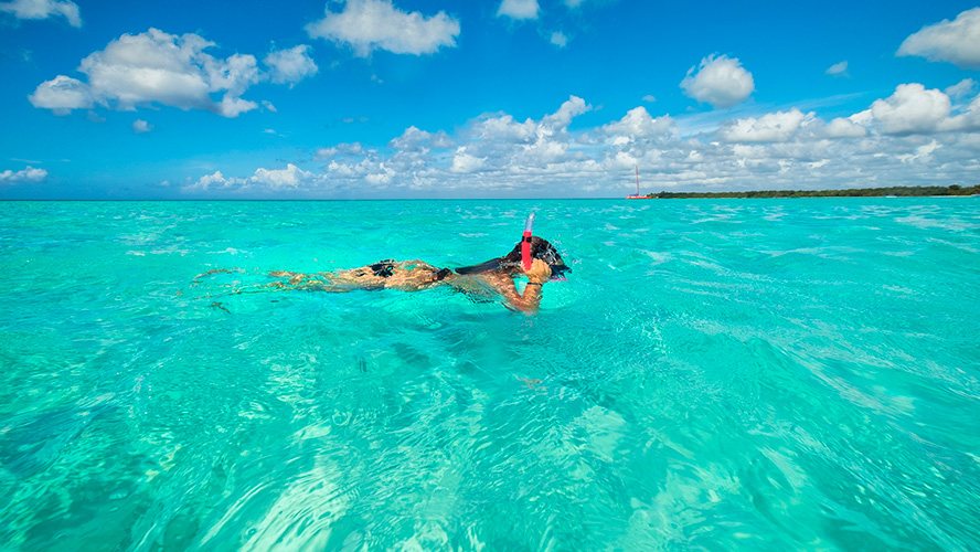 A snorkeller in clear turquoise water